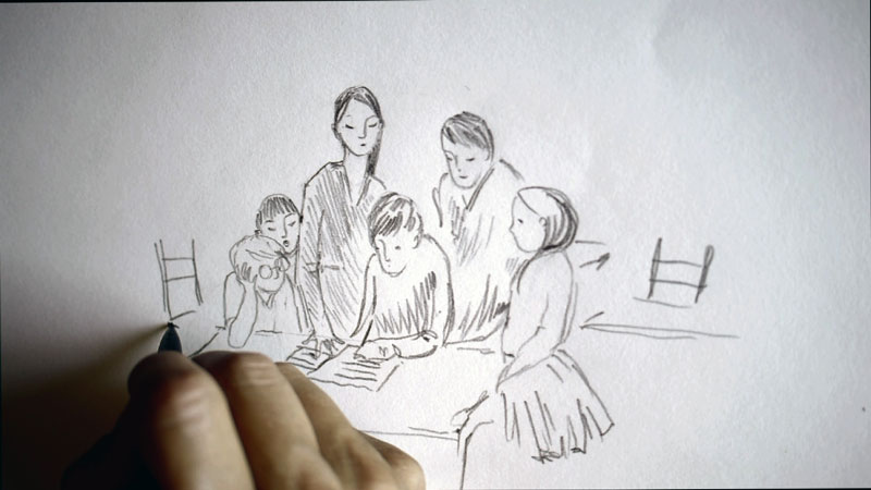 Mains dessinant, extrait du documentaire de Sara Millot intitulé Pays lointain, pays d'avant